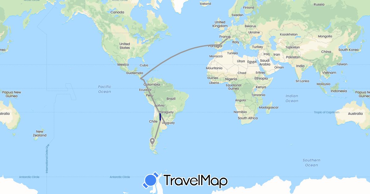 TravelMap itinerary: driving, plane in Argentina, Switzerland, Costa Rica, Spain, Panama (Europe, North America, South America)
